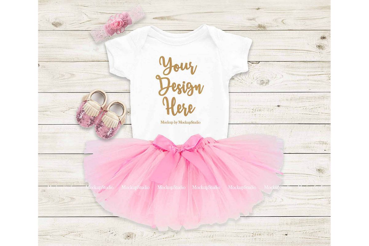 Baby Girl Bodysuit Mockup, Newborn White Onepiece Mock Up example image 1