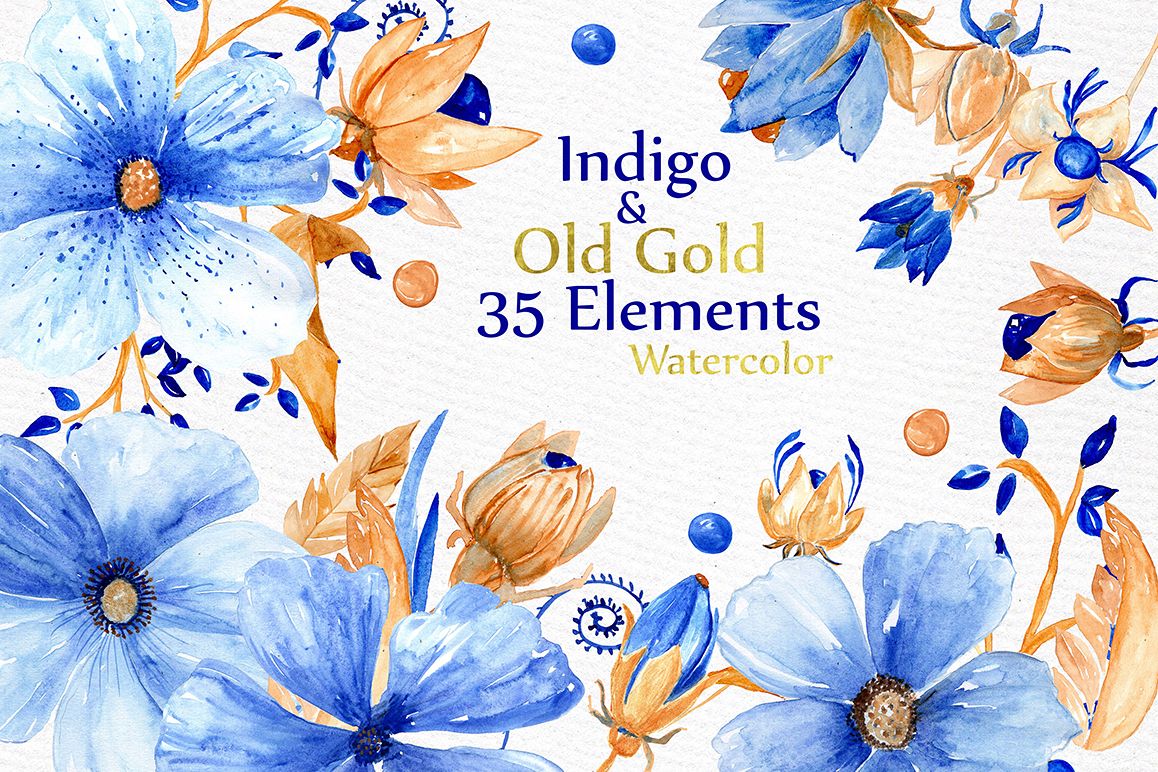 Watercolor blue gold flowers example image 1