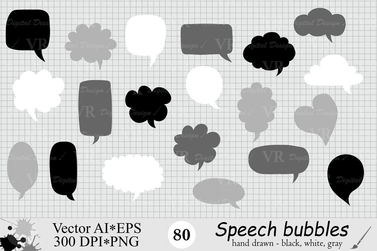Speech Bubbles Clipart / Chat Bubbles / Hand drawn Text bubbles / Black, White, Gray - Vector example image 1