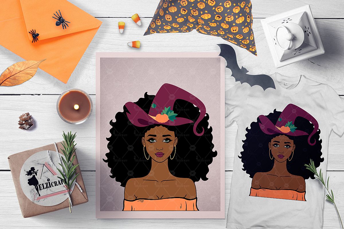 Halloween Afro Woman Witch Hat Pumpkin SVG Cut File example image 1