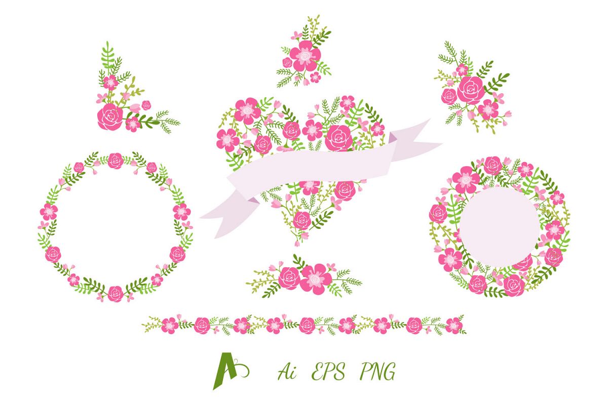 Flowers Clipart, Flower wreath, Frame and Border. example image 1