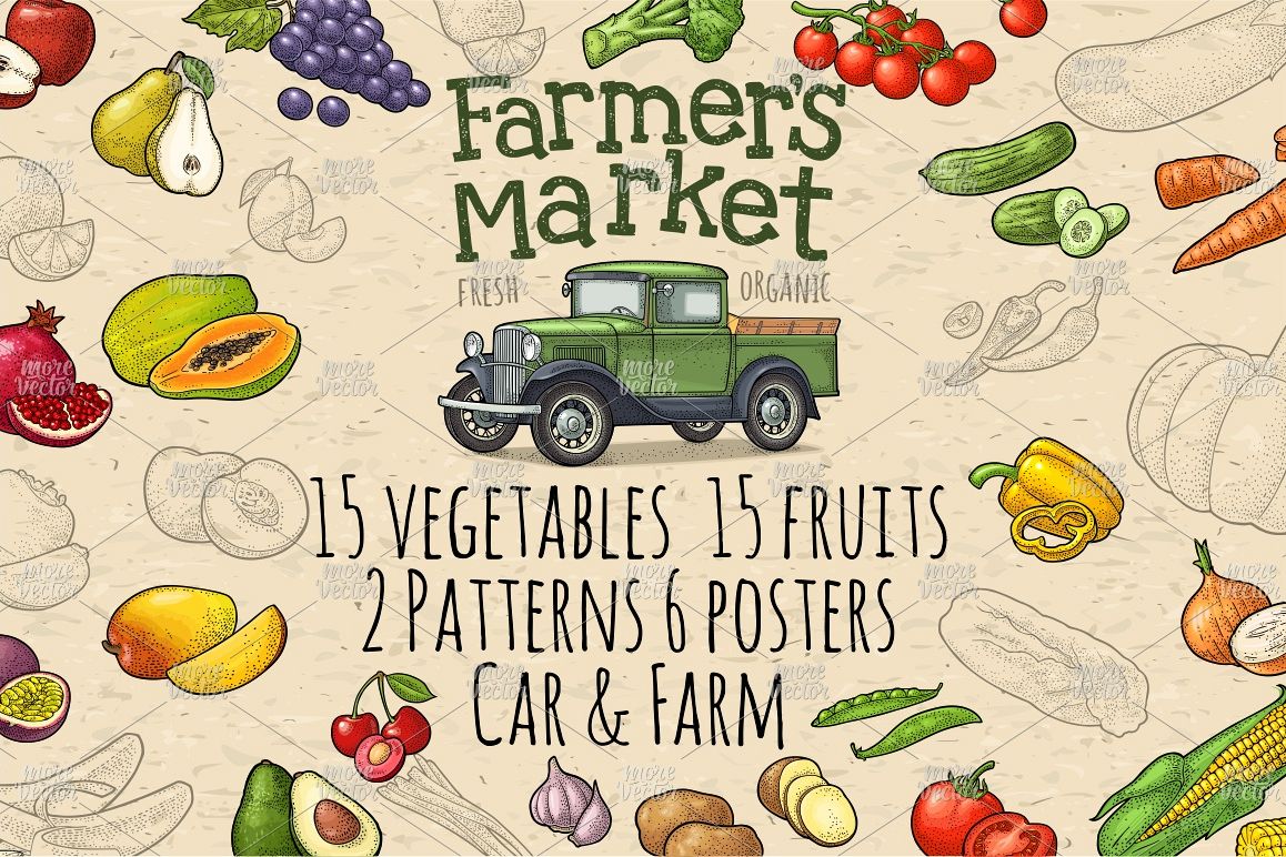 Farmers market. Set vegetables and fruits. Vector engraving example image 1