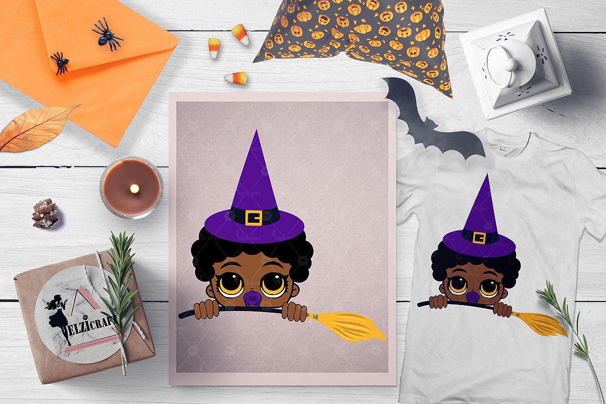 Halloween Peeking Witch Afro Baby Boy Broom SVG Cut File example image 1