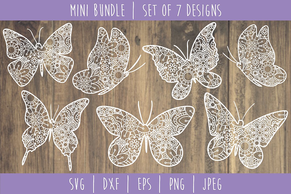 Butterfly Mandala Zentangle Bundle Set of 7 - SVG