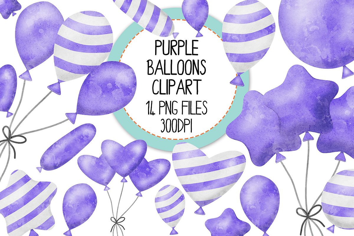 Purple Watercolor Balloon Clipart Set example image 1