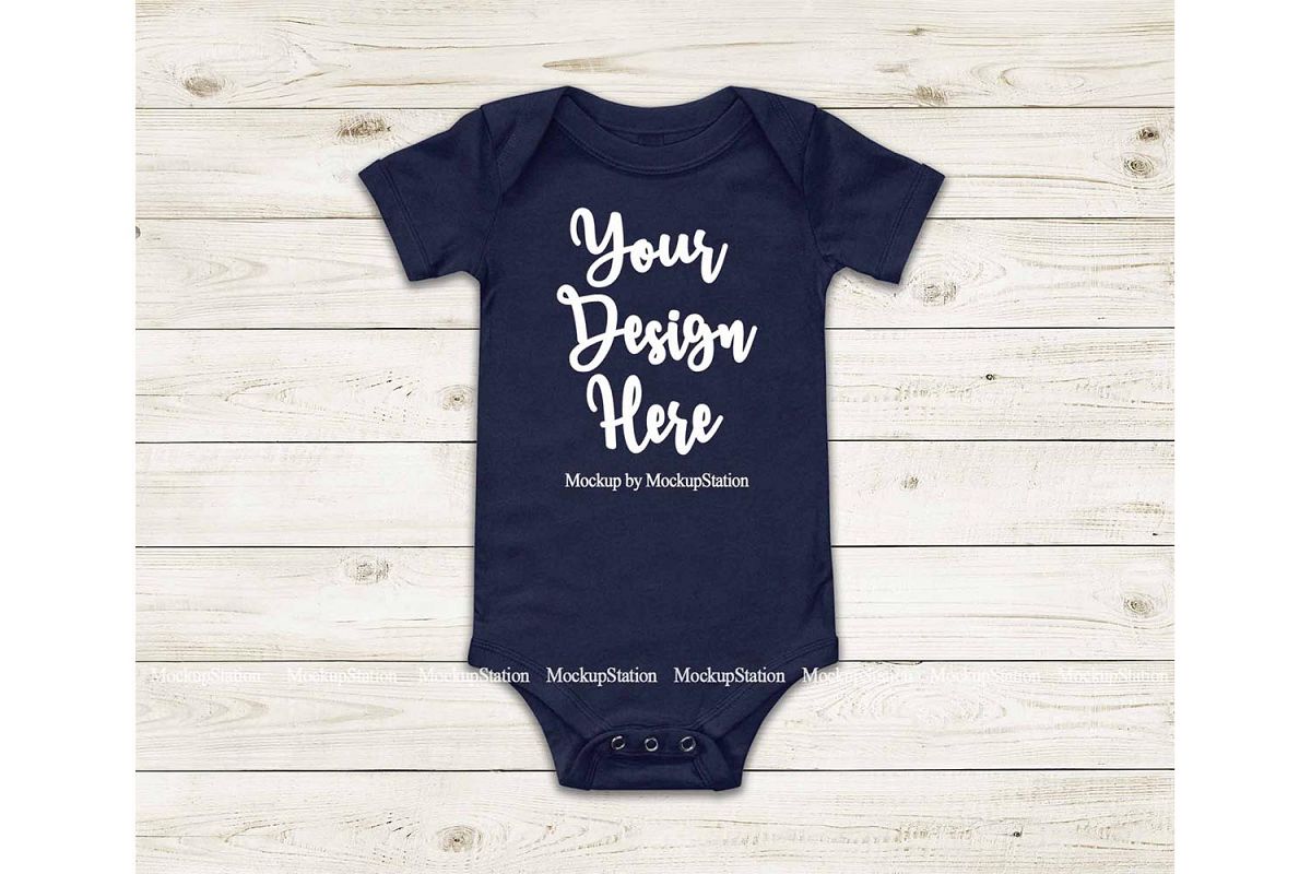 Baby Navy Bodysuit Mockup, Blank Newborn Infant Toddler Tee example image 1