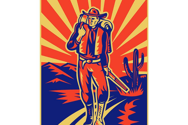 Cowboy with backpack and rifle walking example image 1