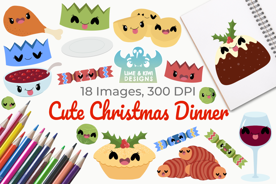 Cute Christmas Dinner Clipart, Instant Download Vector Art example image 1