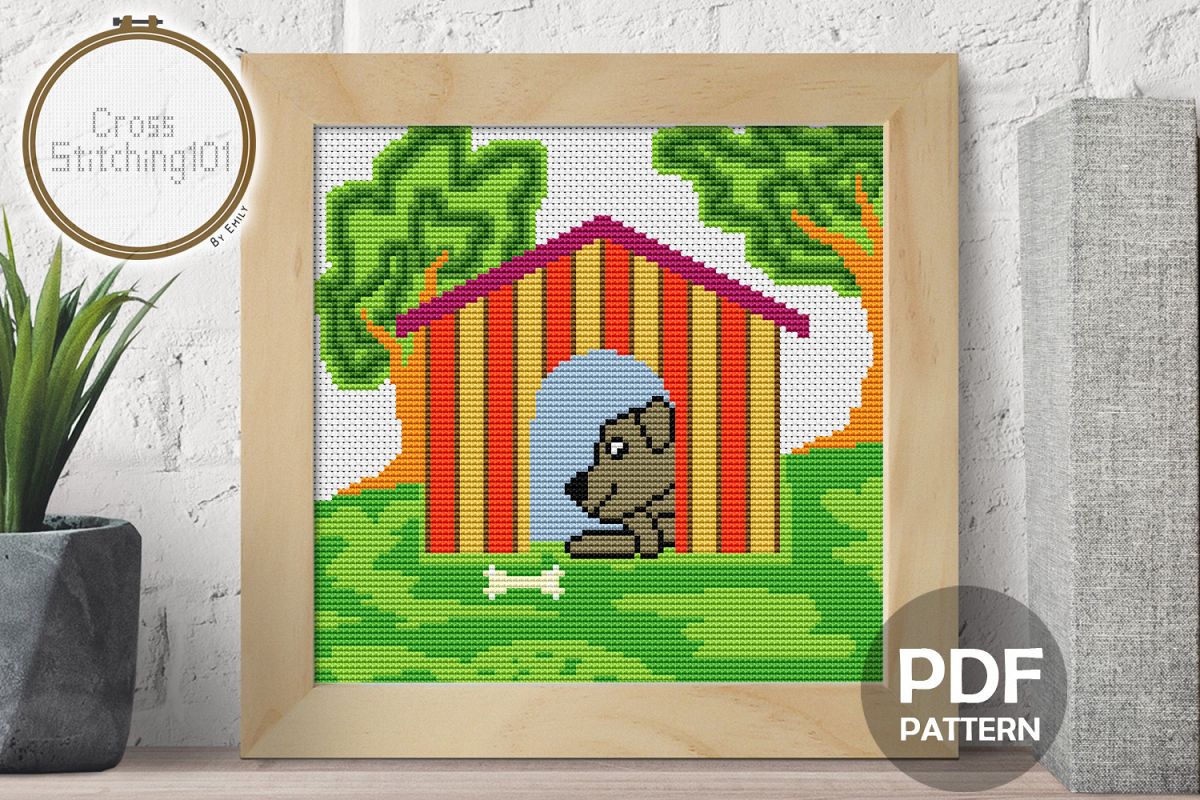 Dog n House Cross Stitch Pattern - Instant Download PDF example image 1