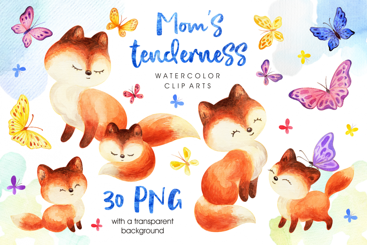 Mom's tenderness. Watercolor foxes and butterflies example image 1