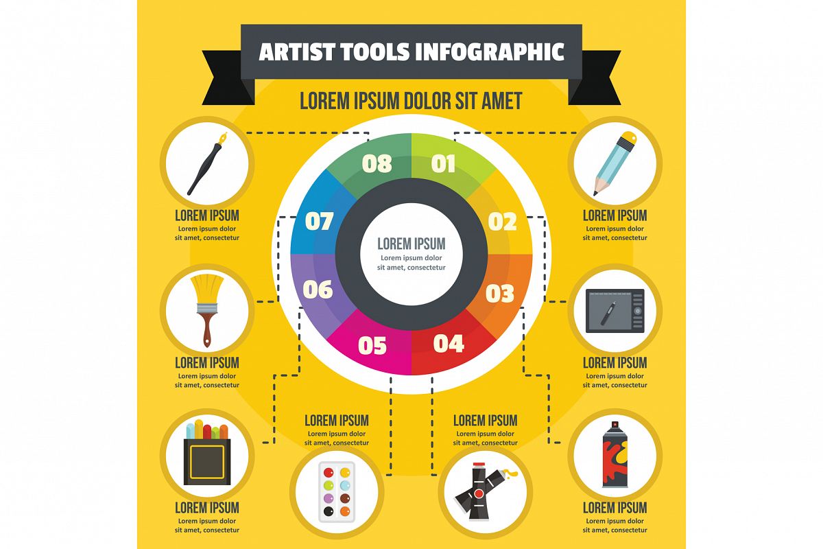 Artist tool infographic concept, flat style example image 1