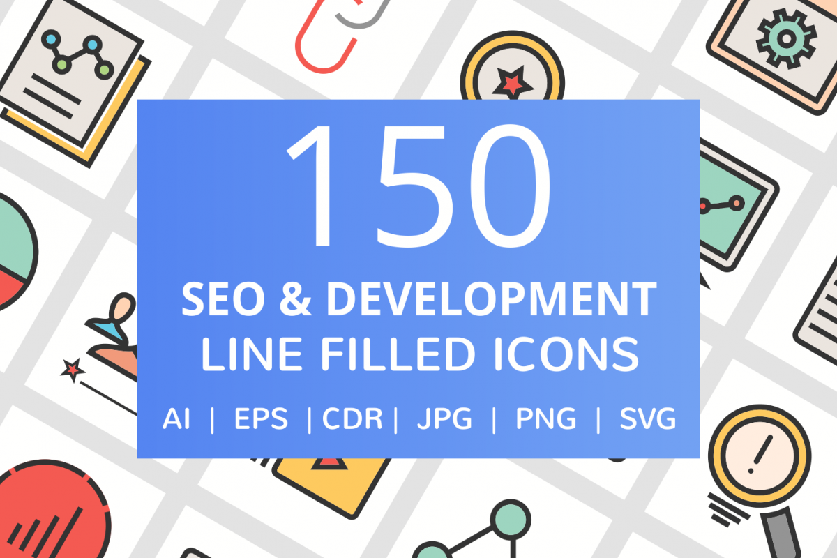 150 SEO & Development Filled Line Icons example image 1