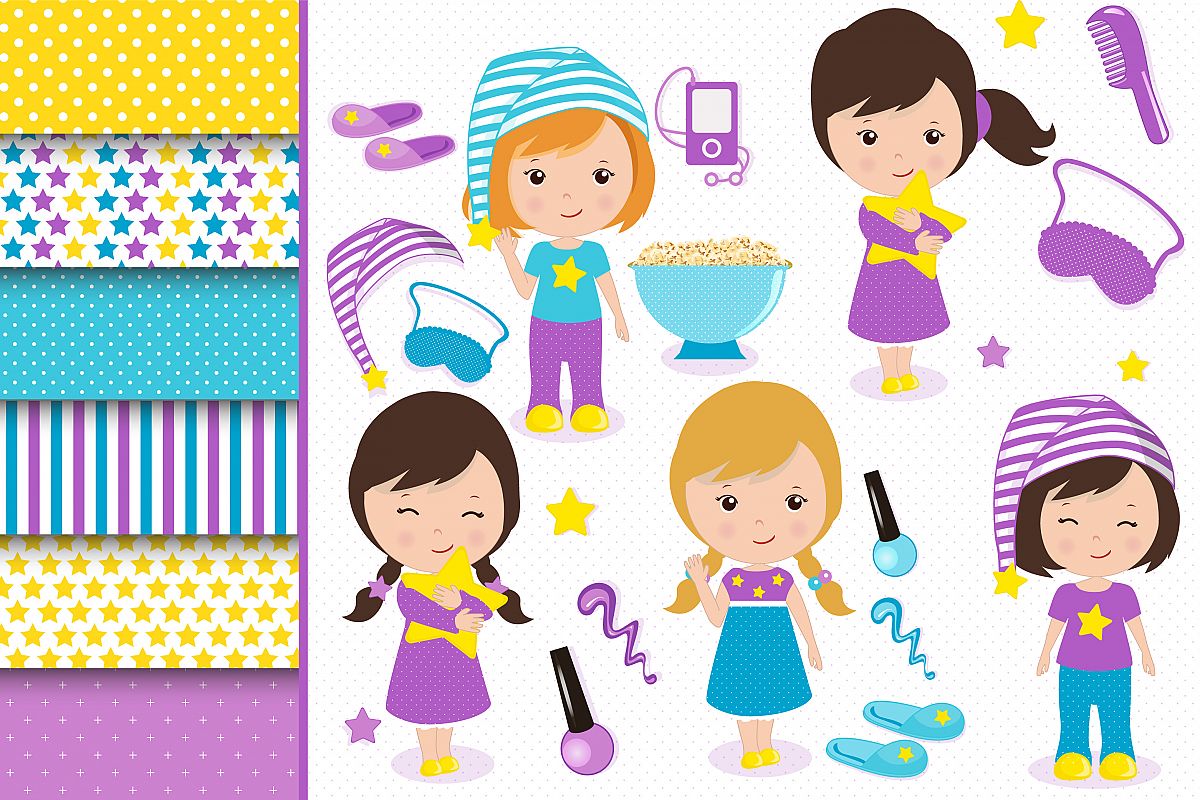 Sleepover graphics, Little girls clipart set example image 1