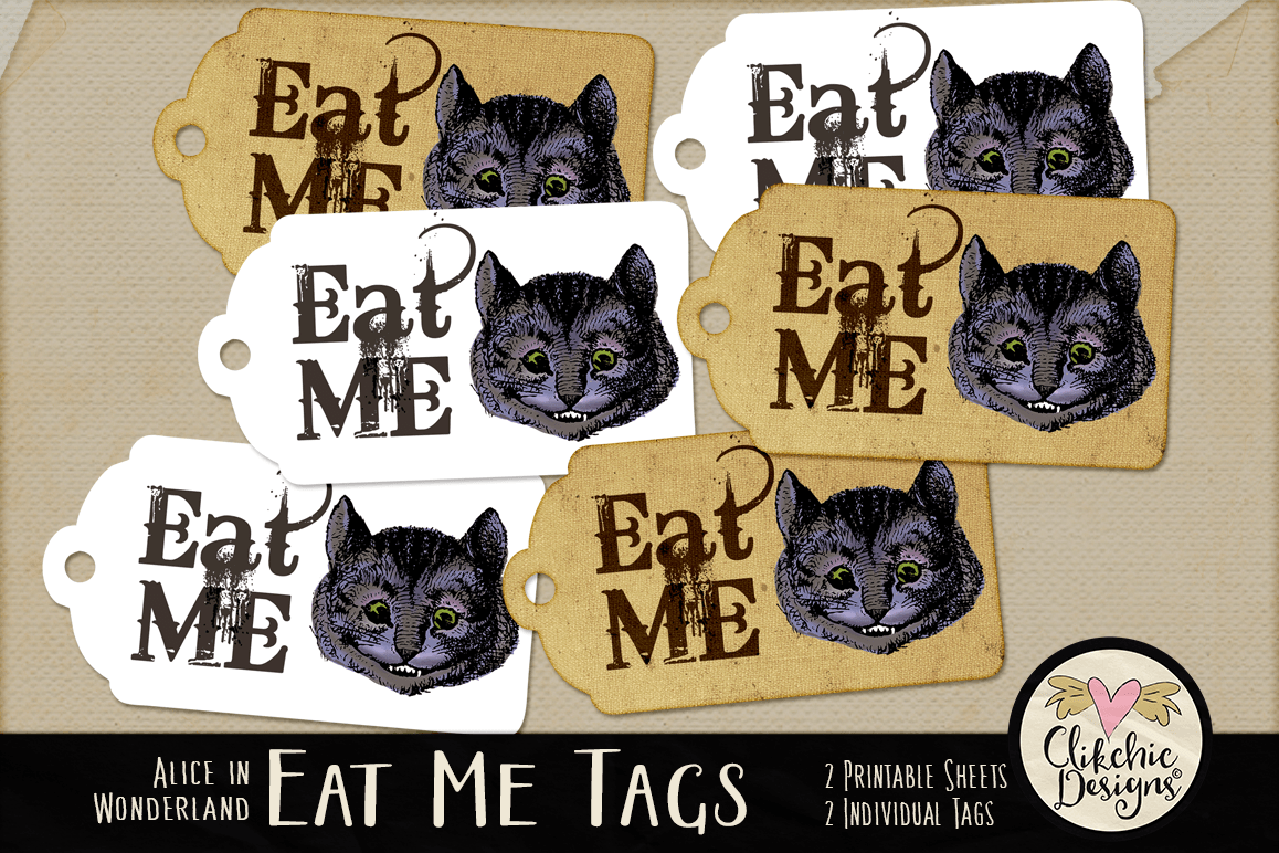 Alice in Wonderland Cheshire Cat Eat Me Printable Tags example image 1