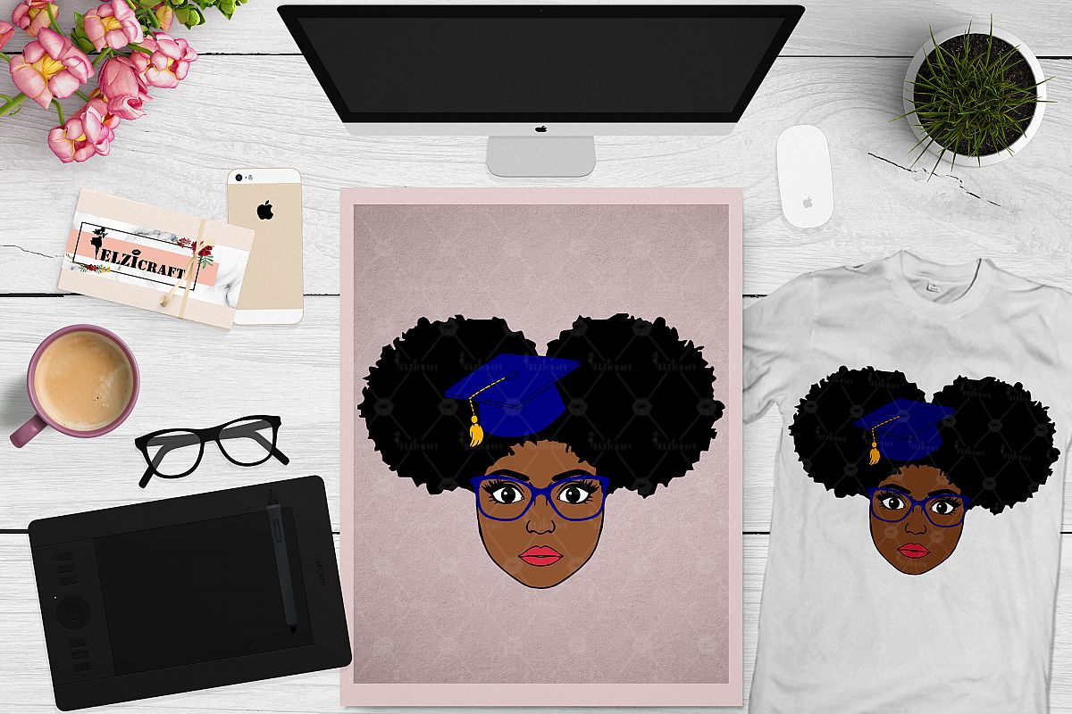 Afro Girl, Afro Puff, Afro Graduation, Glasses SVG Cut File example image 1