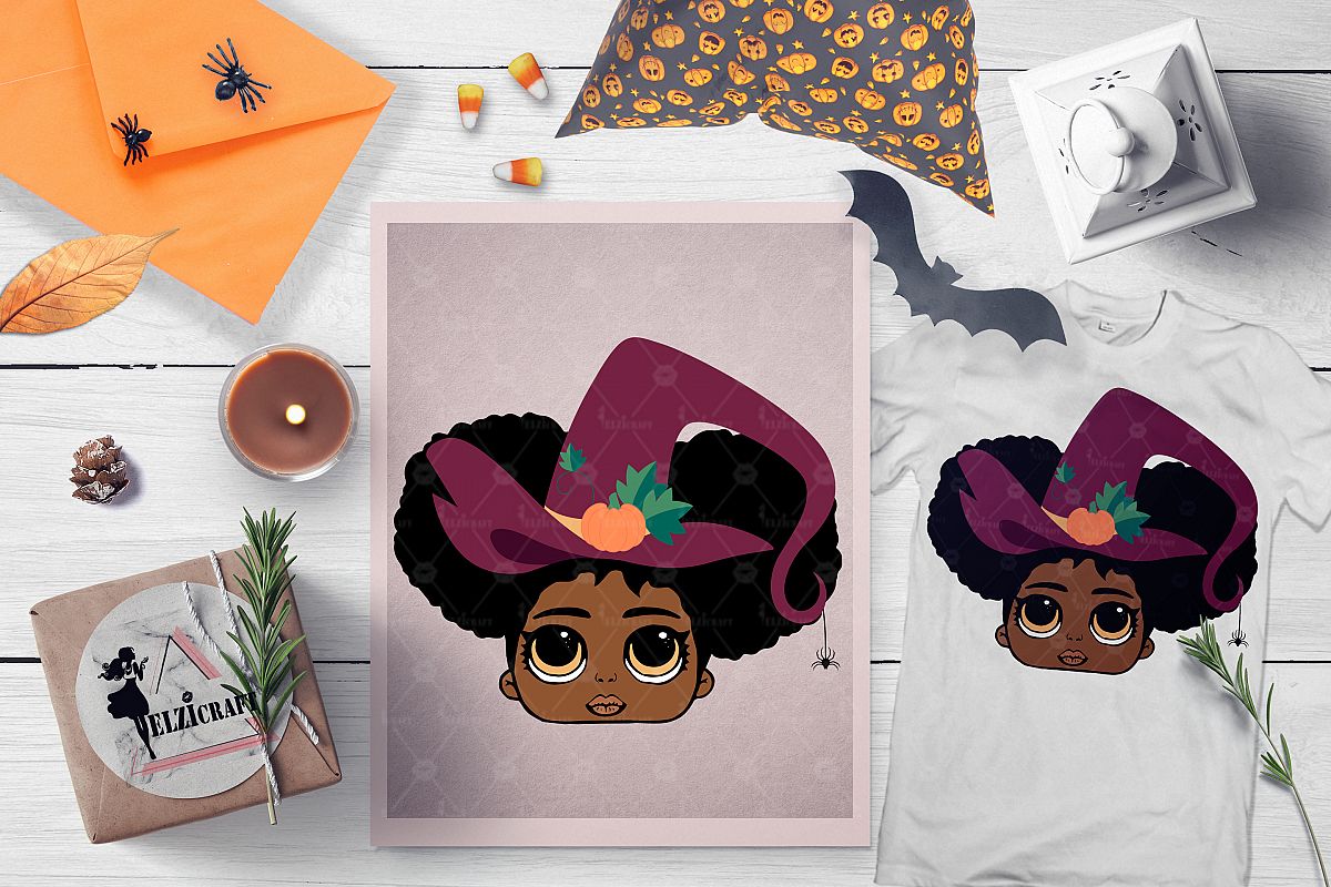Halloween Cute Afro Girl Witch Hat Salem SVG Cut File example image 1