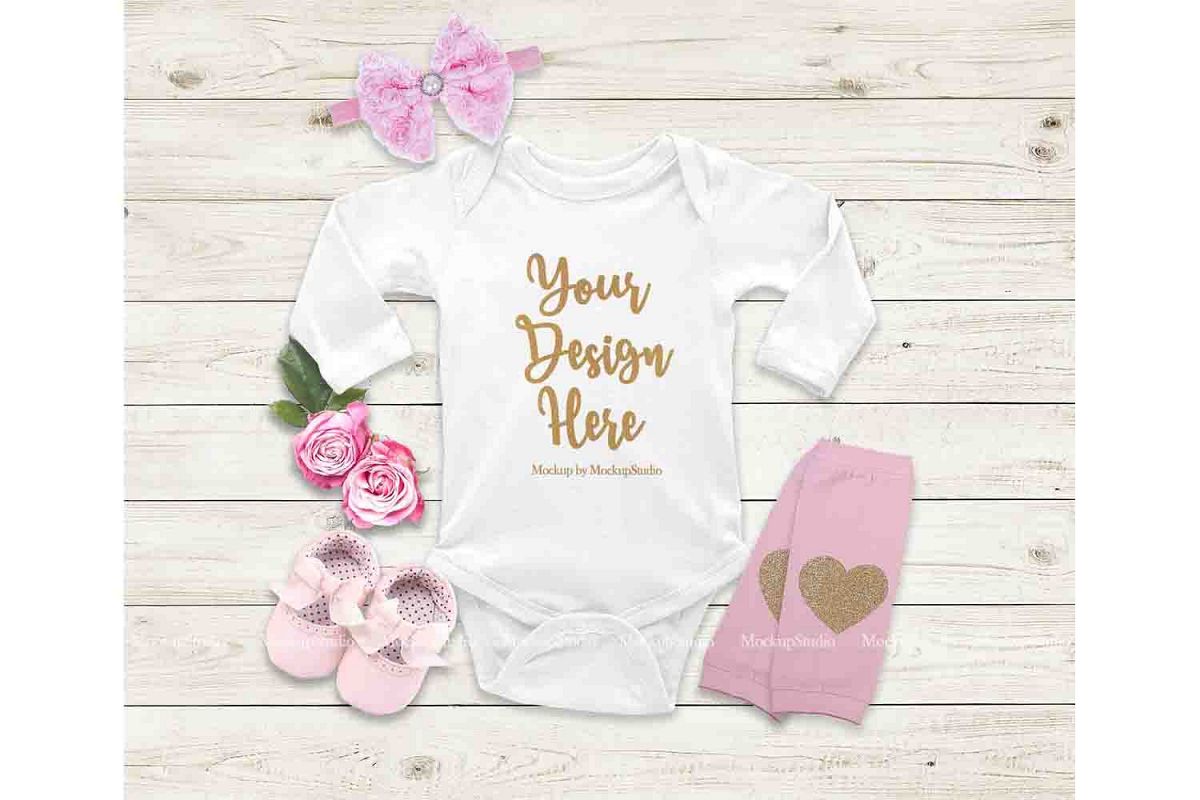 Baby Girl White Longsleeve Bodysuit Mockup, Newborn Mock Up example image 1