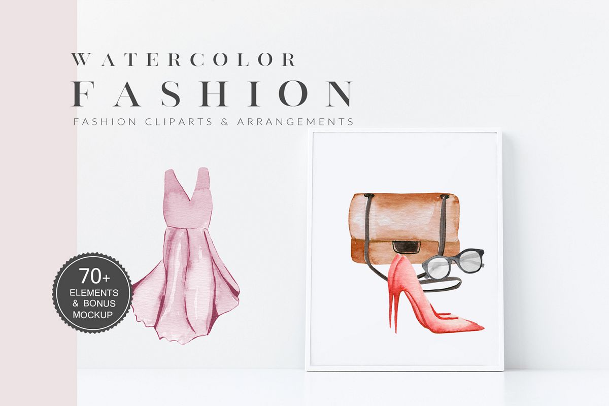 Fashion Watercolor Clipart, Bag, Shoes, Dress, Clothes example image 1