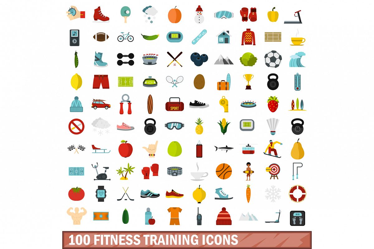 100 fitness training icons set, flat style example image 1