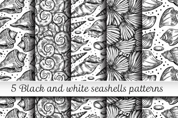 Black and white shells seamless patterns set example image 1