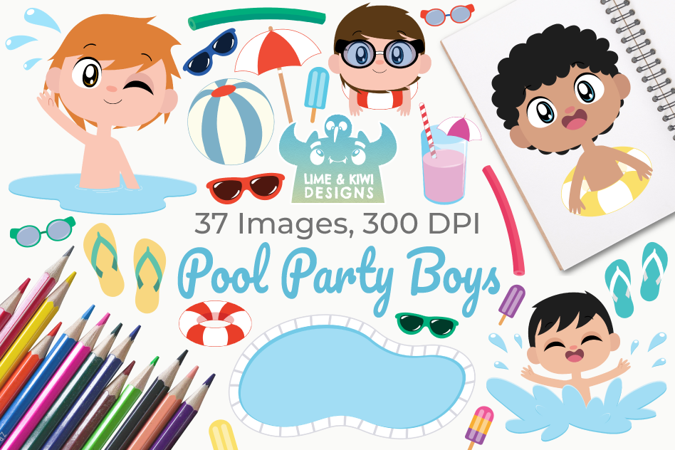 Pool Party Boys Clipart, Instant Download Vector Art example image 1
