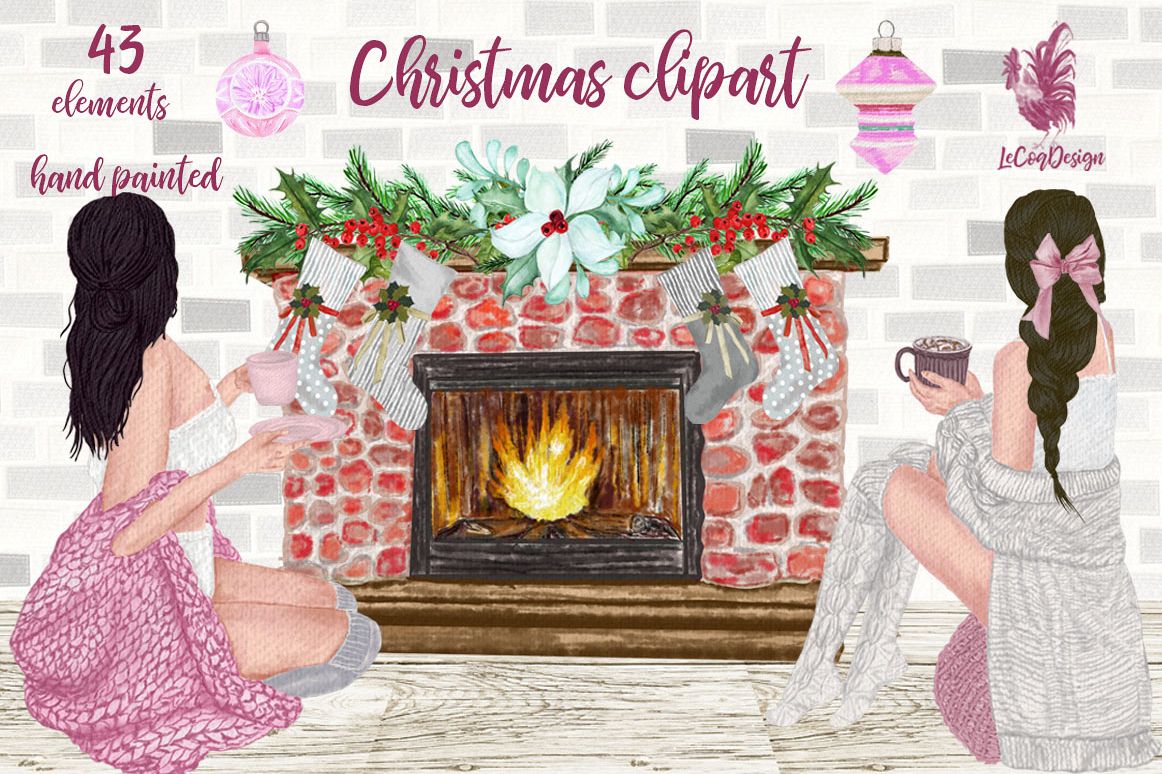 Christmas Girls Clipart Fireplace And Stockings Ornaments