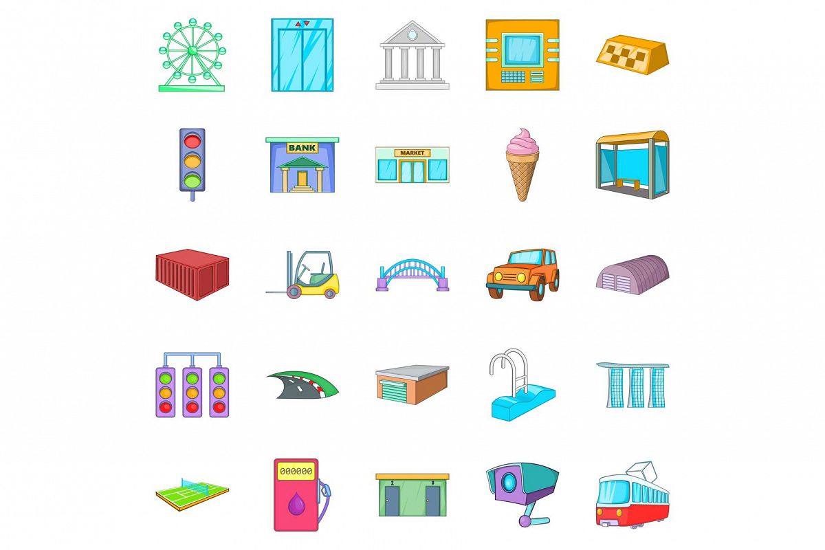 Urban entertainment icons set, cartoon style example image 1