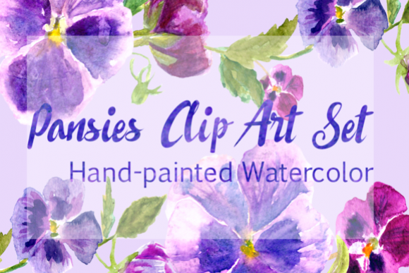 Watercolor Pansies Cip Art Set - Bonus Wreath and Border example image 1