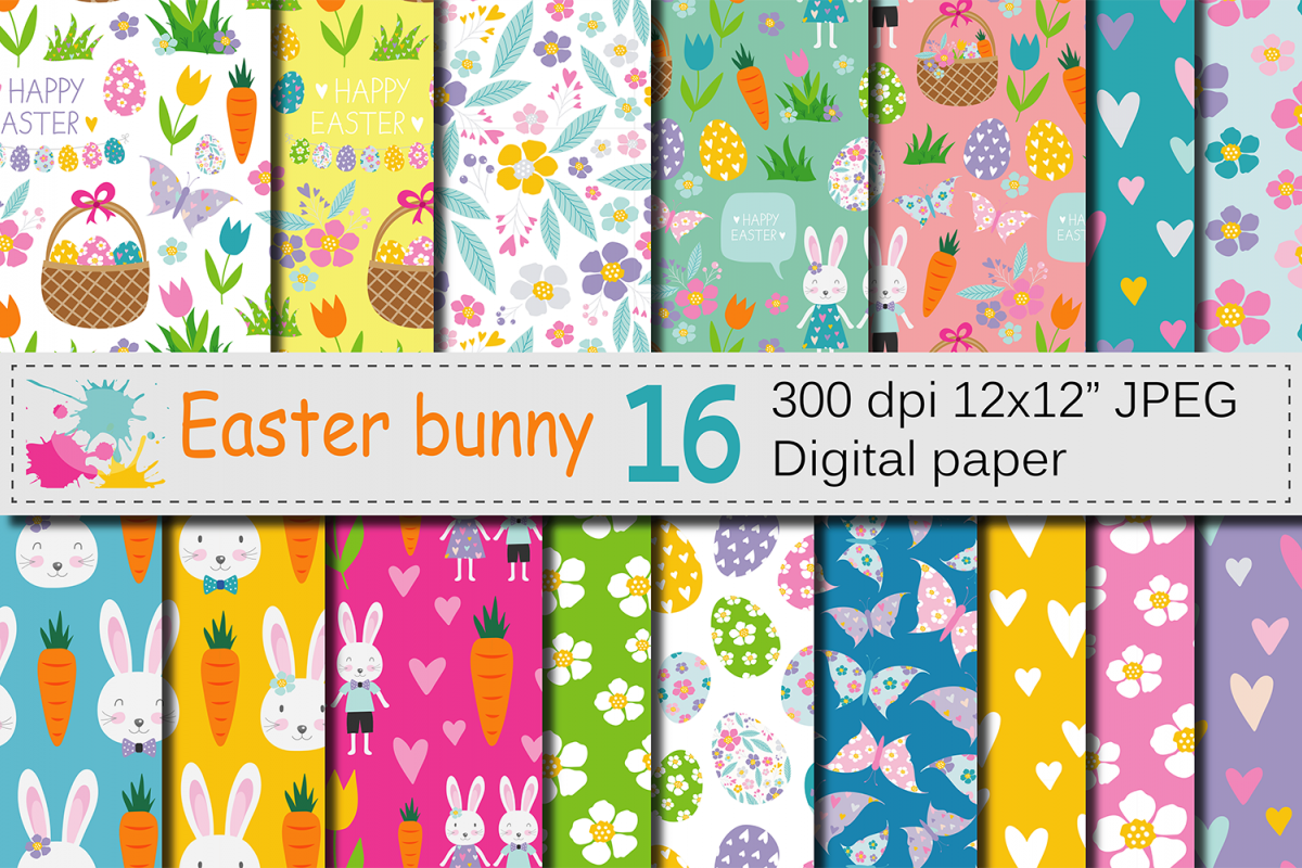 Easter Bunny Digital Paper / Bright Easter Seamless Patterns with ...