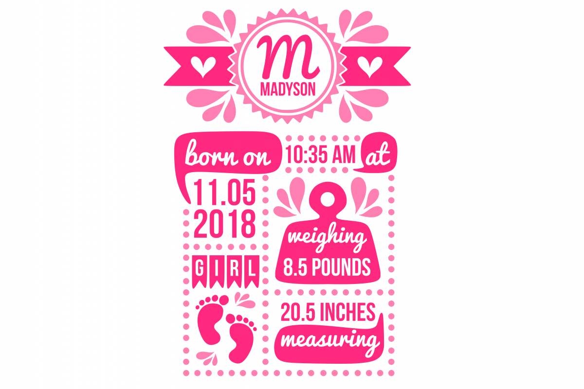 Birth stats svg, birth stats template, birth announcement svg, baby stats svg, newborn svg, welcome baby svg, cricut, silhouette example image