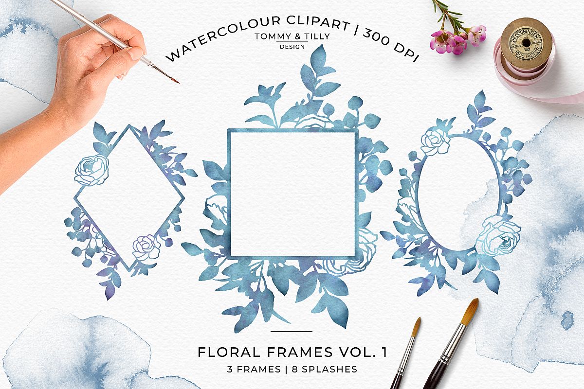Watercolour Sea Blue Floral Frames - Wedding Clipart PNG example image 1