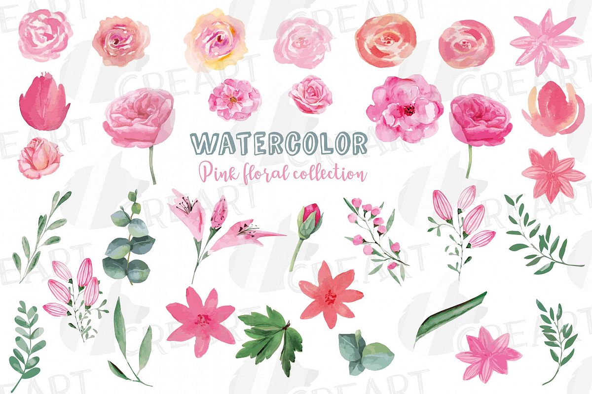Watercolor Pink floral elements and green leaves clip art example image 1