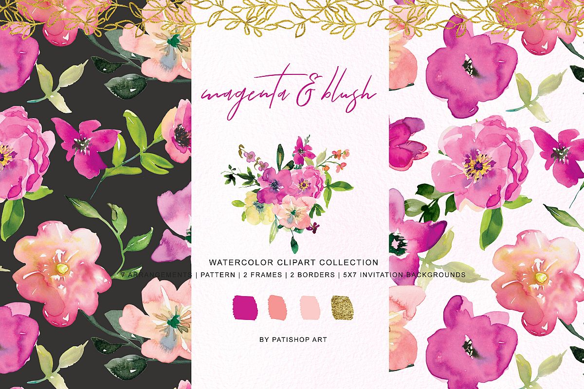Watercolor Magenta and Blush Floral Bouquet Clipart example image 1