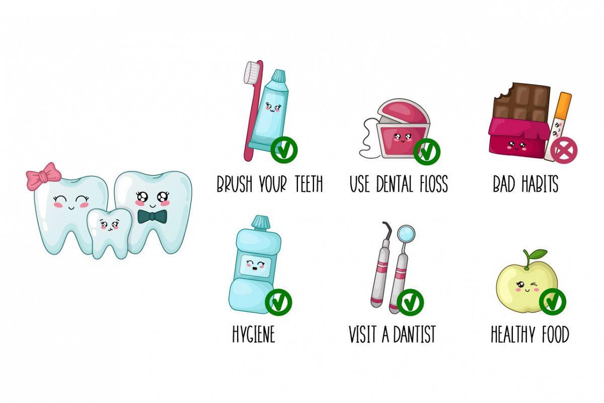 Cartoon kawaii teeth healthy habits example image 1