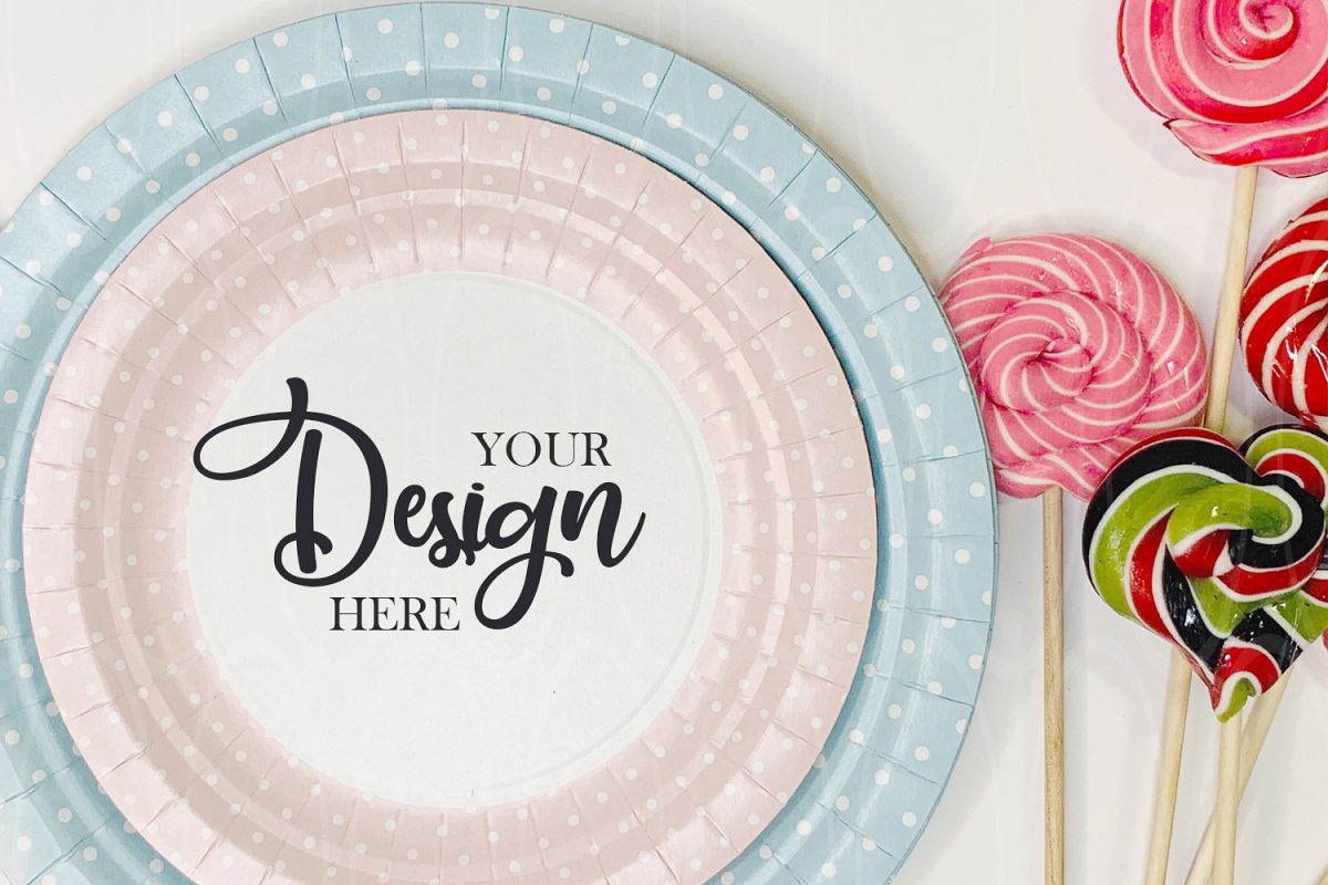 Blue and pink plates mockup Candies Styled Stock Photo example image 1