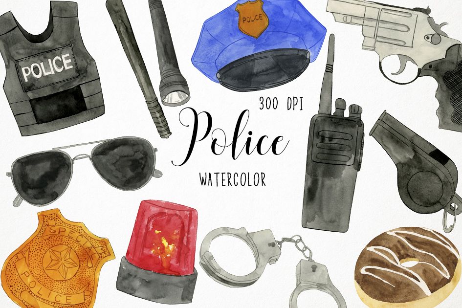 Watercolor Police Clipart, Police Graphics, Police Vector example image 1