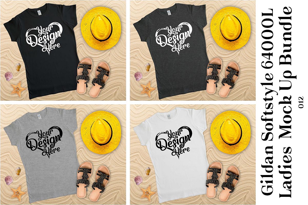 Gildan 64000L Ladies Black White & Grey Beach Mockup Bundle example image 1