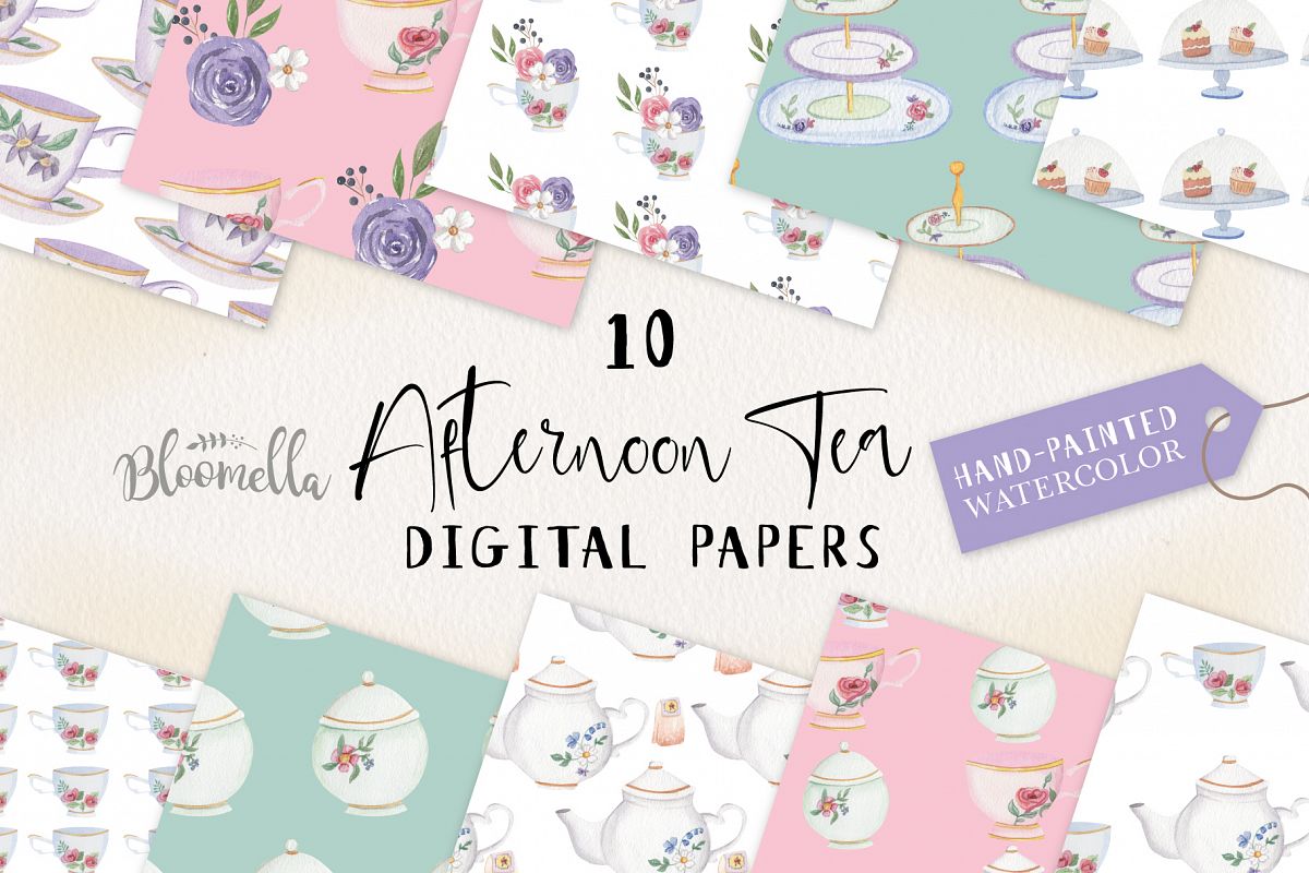 Afternoon Tea 10 Seamless Patterns Digital Papers Teapot Cup example image 1
