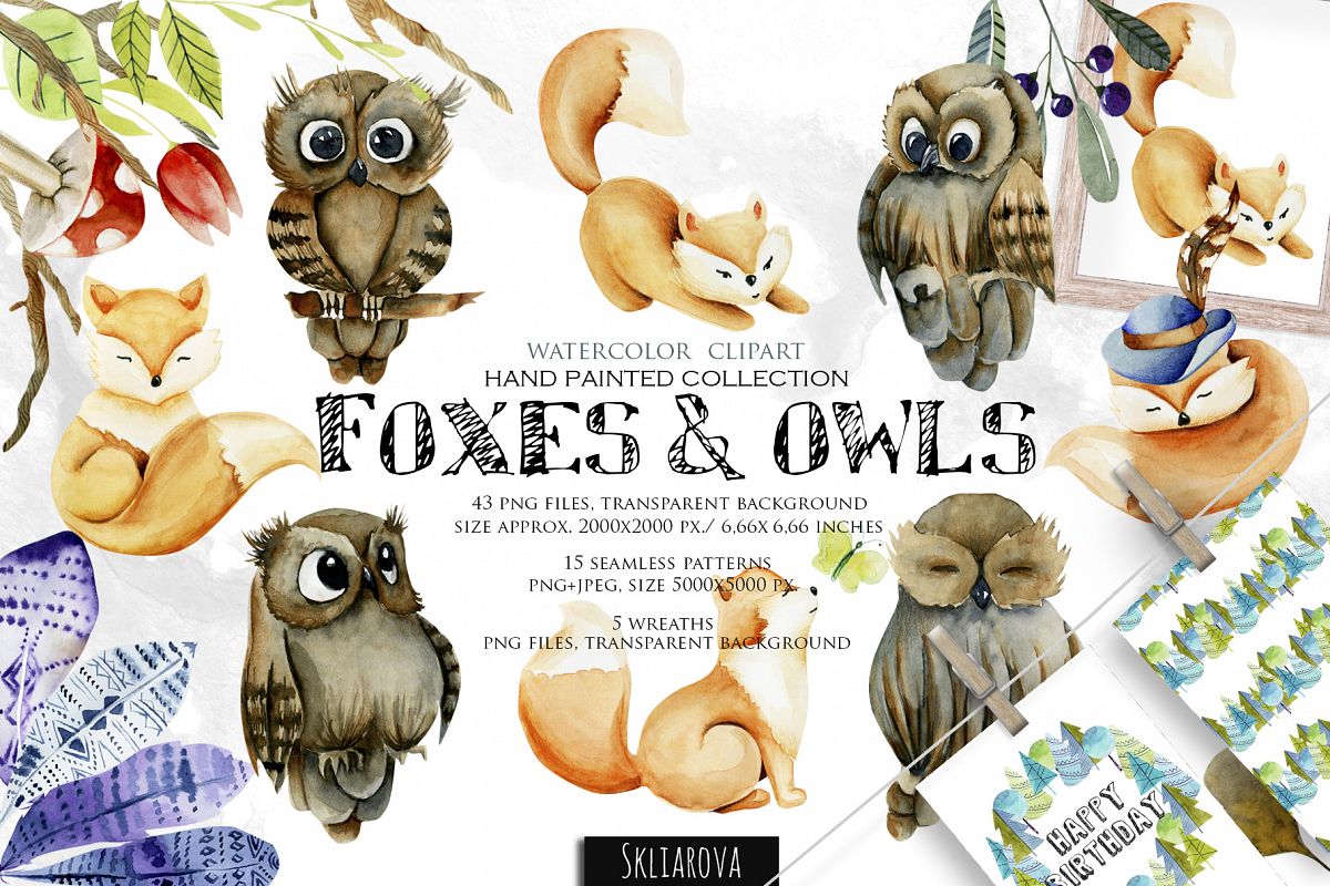Foxes & Owls. Watercolor clipart. example image 1