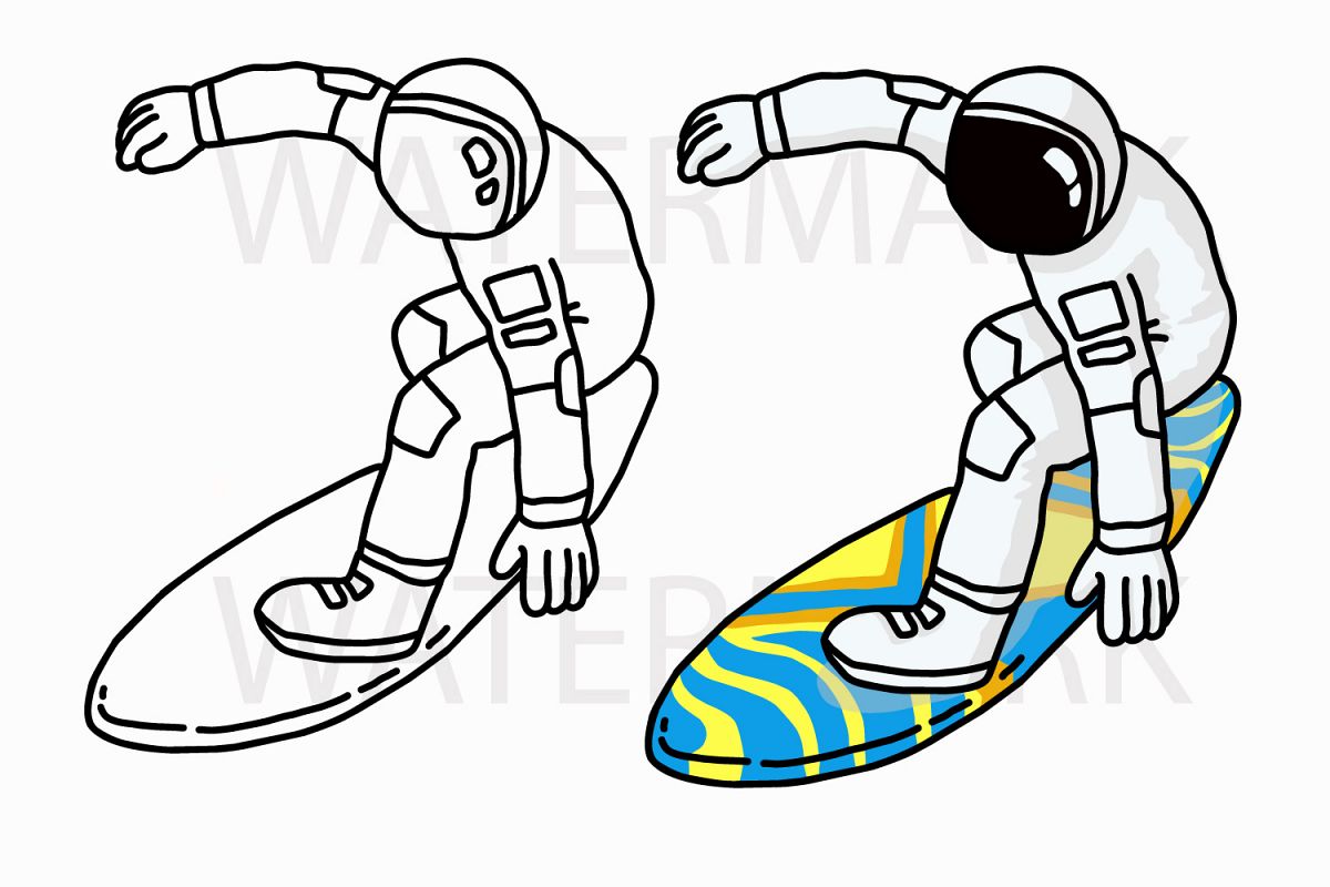 Astronaut Surfboard - Color and Outline version - SVG/JPG/PNG Hand Drawing example image 1