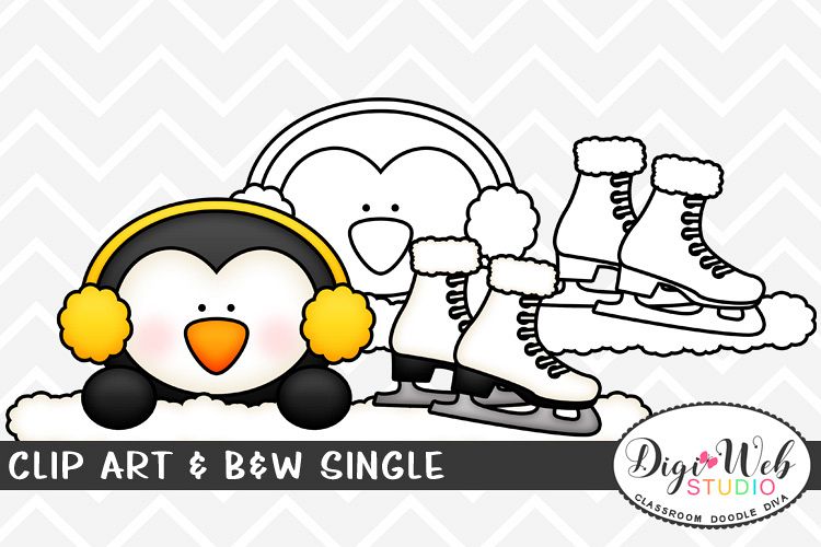 Clip Art & B&W Single - Winter Penguin w/ Ice Skates Topper example image 1