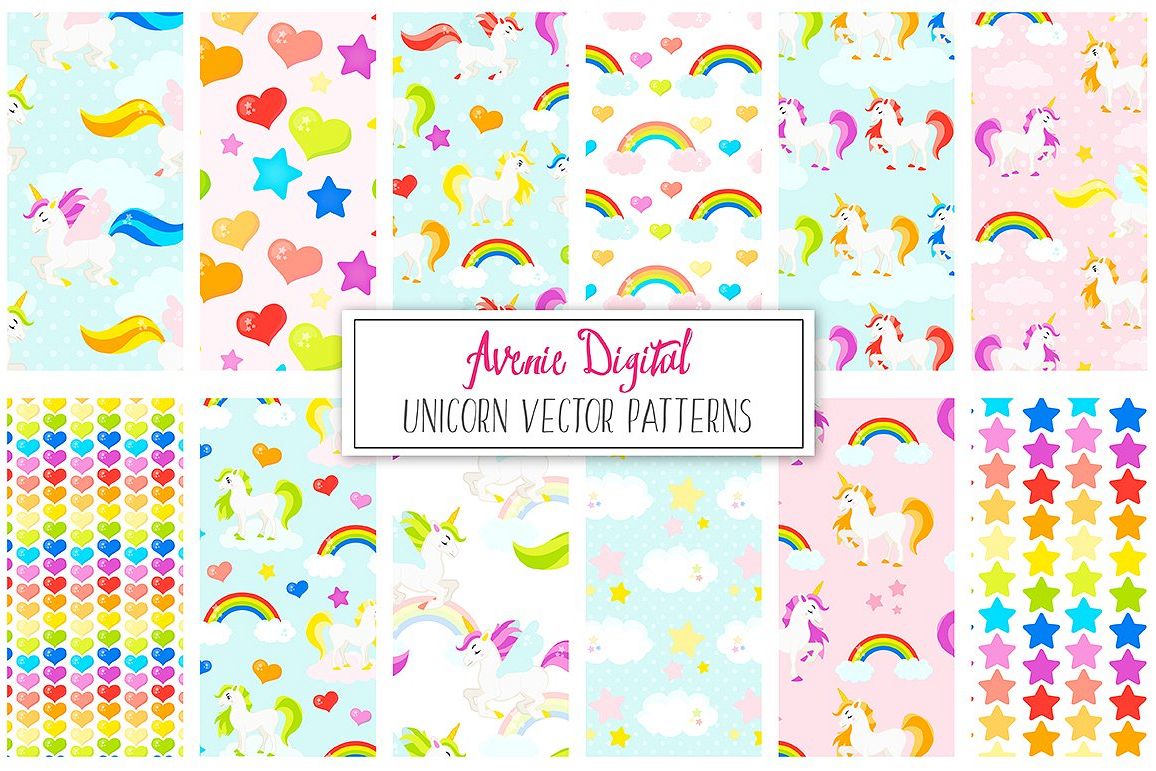 Rainbow Unicorns Digital Paper and Vector Patterns example image 1
