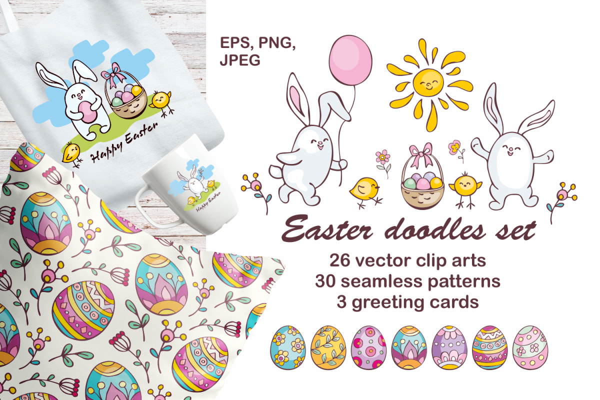 Easter doodles set. Vector clip arts and seamless patterns. example image 1