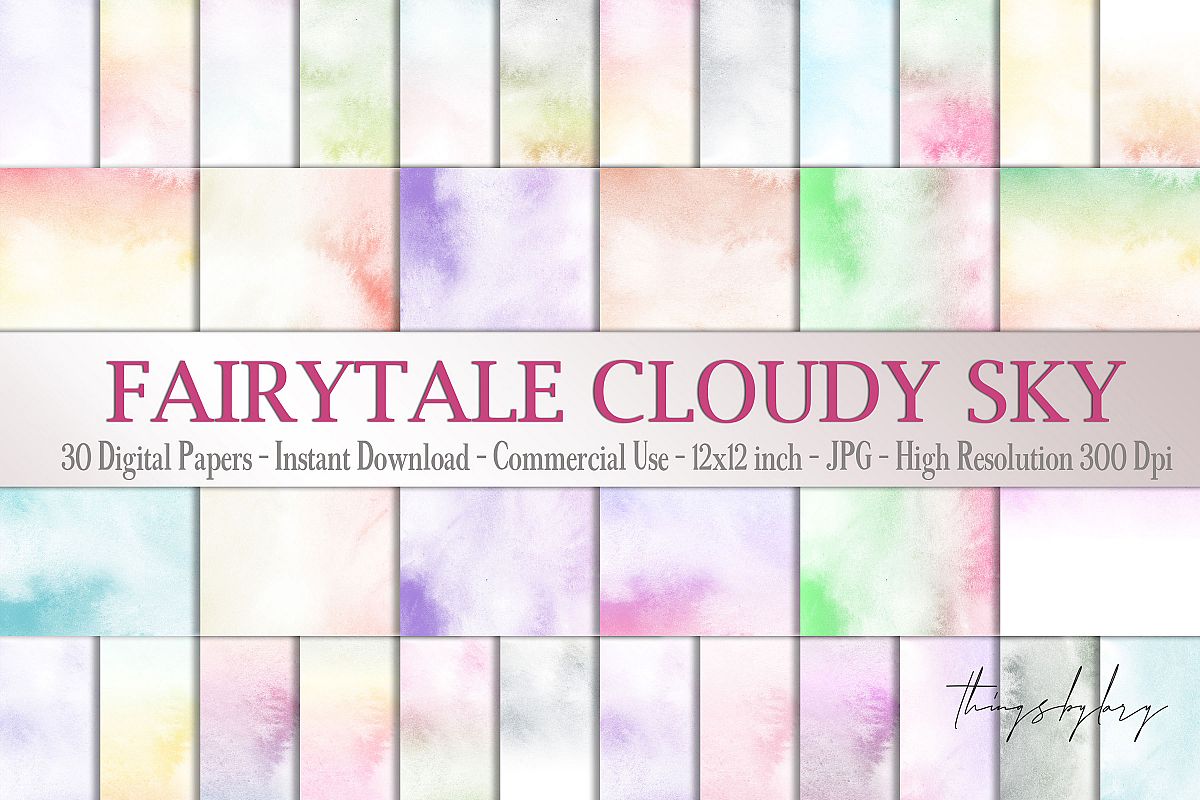 30 Watercolor Fairy Tale Cloudy Sky Baby Shower Paper Images example image 1