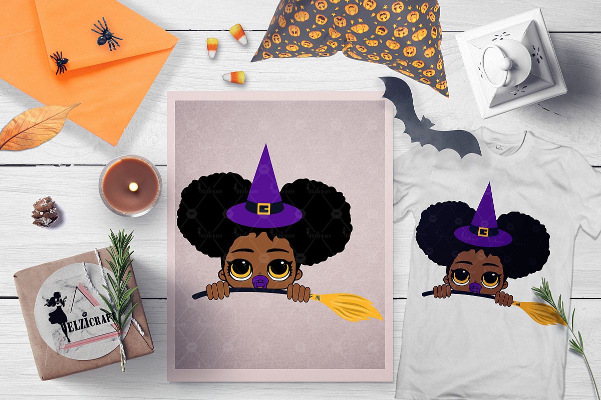 Halloween Peeking Witch Afro Baby Girl Broom SVG Cut File example image 1