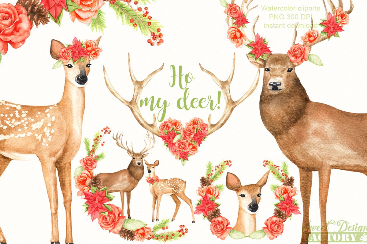 Deers and flowers clipart example image 1
