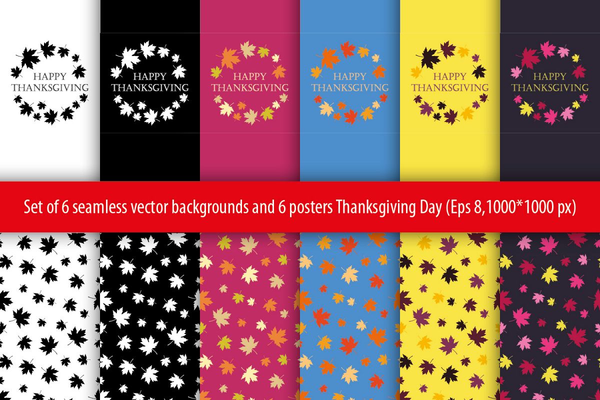 Set of 6 seamless vector backgrounds and 6 posters Thanksgiving Day. example image 1