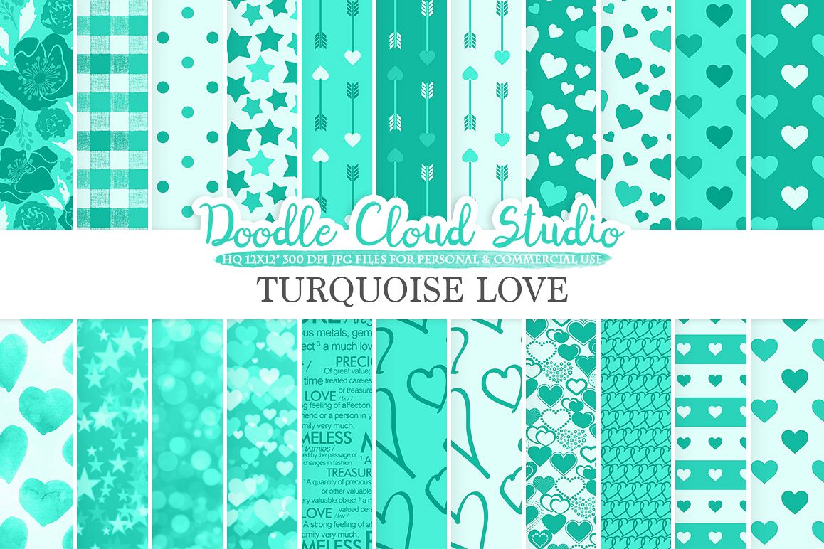 Turquoise Romantic Digital Paper Valentines Day Aqua Patterns Love