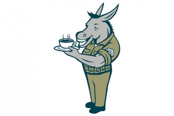Donkey Sergeant Military Standing Drinking Coffee Cartoon example image 1