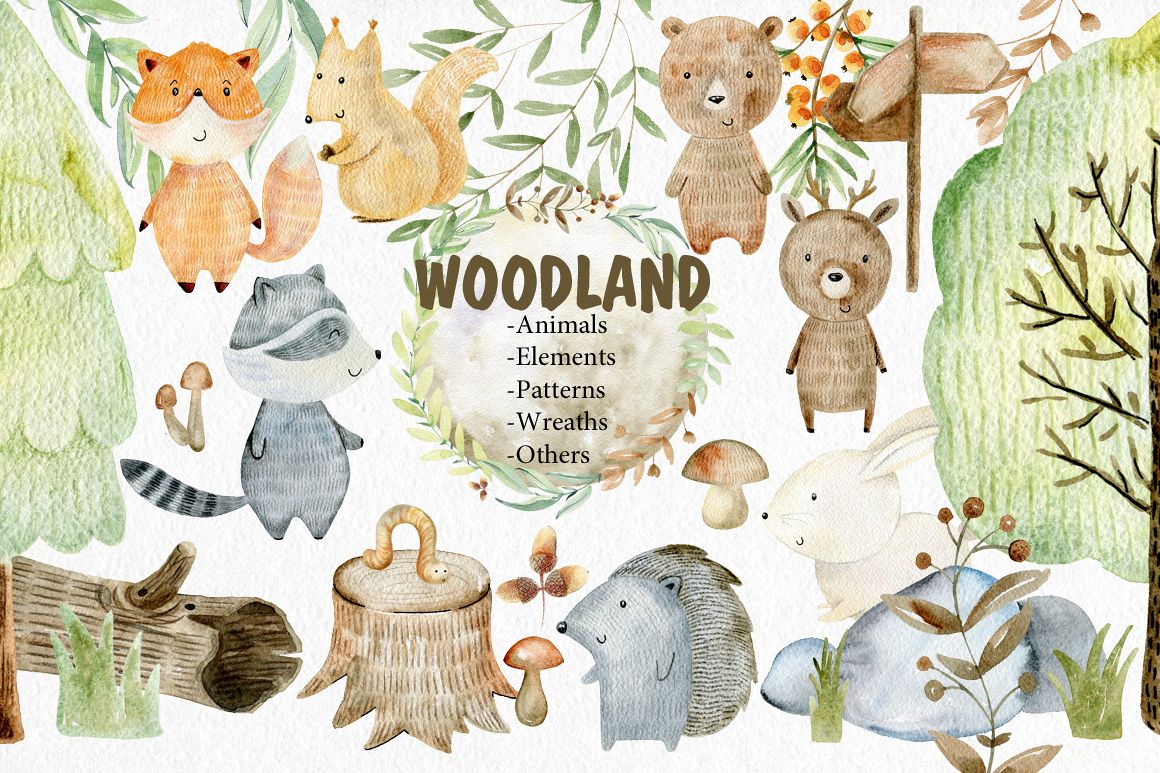 Woodland. Watercolor set. example image 1